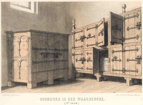 afbeelding van prent Schrijnen in een Waarderobe (12e eeuw) van v.d. Kellen