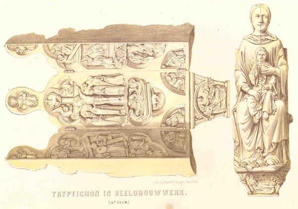 afbeelding van prent Tryptichon in beeldhouwwerk (13e eeuw) van nn