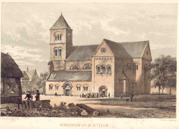 afbeelding van prent Kerkgebouw uit de 12e eeuw van C. Springer