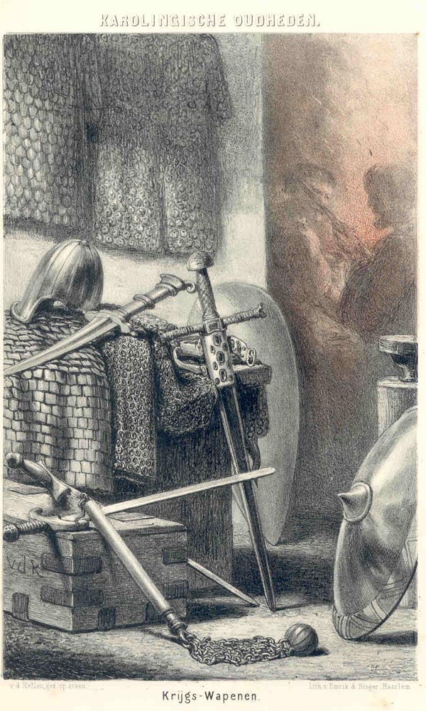 afbeelding van prent Karolingische oudheden Krijgs- Wapenen van v.d. Kellen