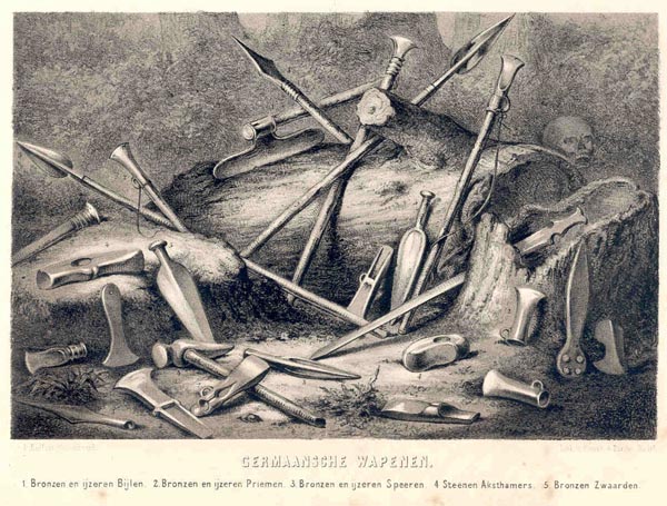 afbeelding van prent Karolingische oudheden Krijgs- WapenenGermaansche wapenen van v.d. Kellen