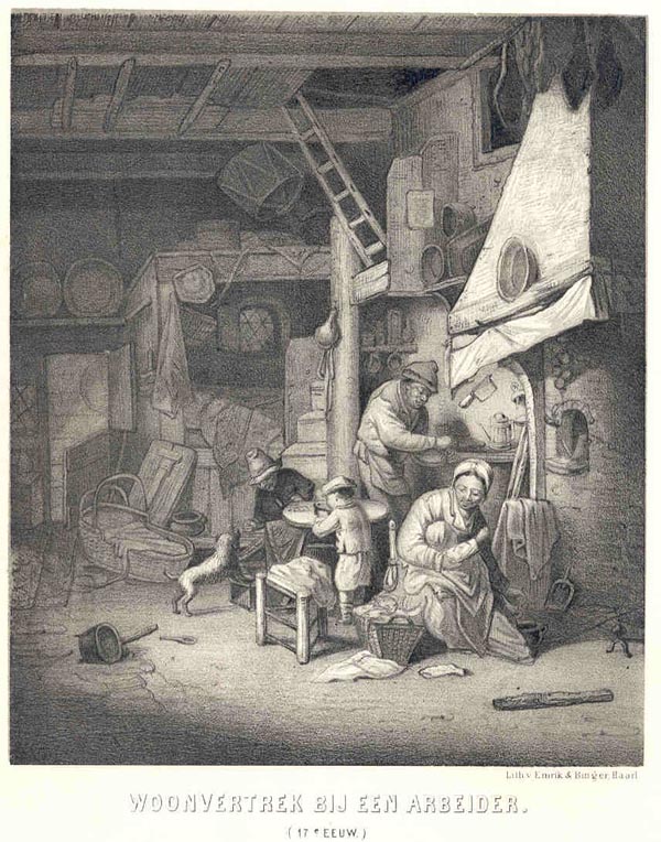 afbeelding van prent Woonvertrek bij een arbeider. (17e eeuw) van nn
