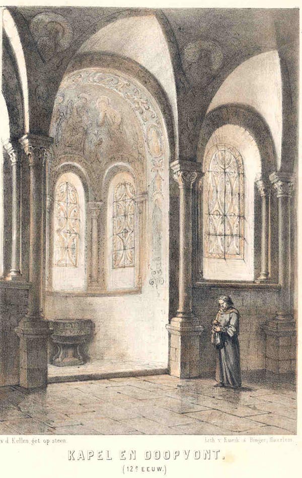 afbeelding van prent Kapel en doopvont (12e eeuw) van D. v.d. Kellen