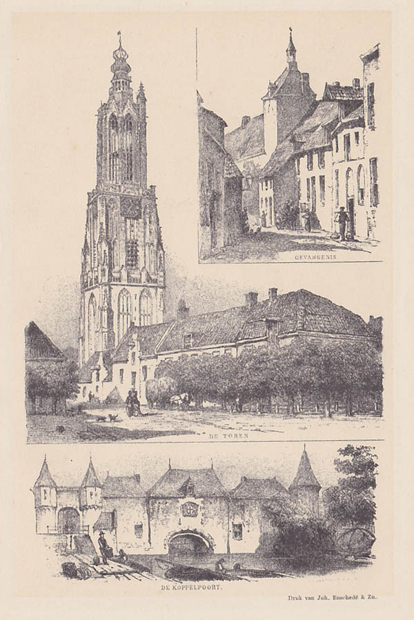 afbeelding van prent Amersfoort, de toren, gevangenis, de koppelpoort van P.A. Schipperus, J. Craandijk (Amersfoort)