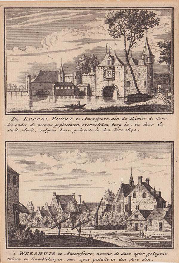 afbeelding van prent De koppelpoort te amersfoort aan de rivier de Eem en het Weeshuis te Amersfoort in 1620 van Abraham Rademaker (Amersfoort)