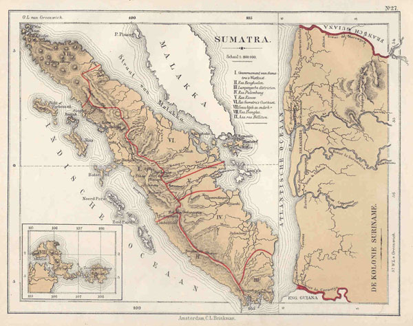 afbeelding van kaart Sumatra (bijkaart: De kolonie Suriname van N.W. Posthumus en Dr. J.M. van Bemmelen 