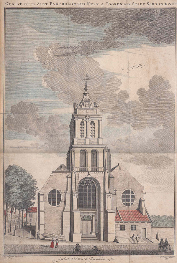 afbeelding van prent Gesigt van de Sint Bartholomeus Kerk en Tooren der Stadt Schoonhoven van Gijsbert en Willem de Vrij (Schoonhoven)