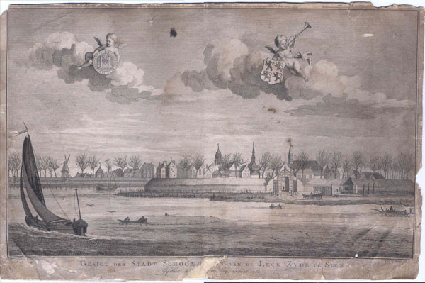 afbeelding van prent Gesigt der Stadt Schoonhoven van de Leck Zyde te Sien van J. Punt, Fortuijn (Schoonhoven)
