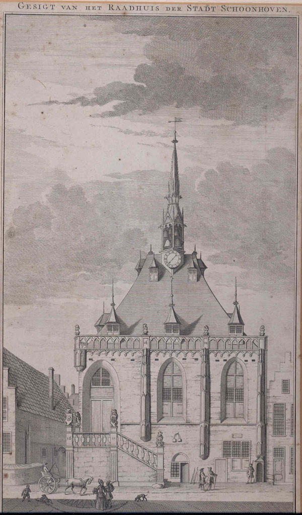 afbeelding van prent Gesigt van het Raadhuis der Stadt Schoonhoven van J. Punt, Wm Fortuyn, Gysbert en Willem de Vrij (Schoonhoven)