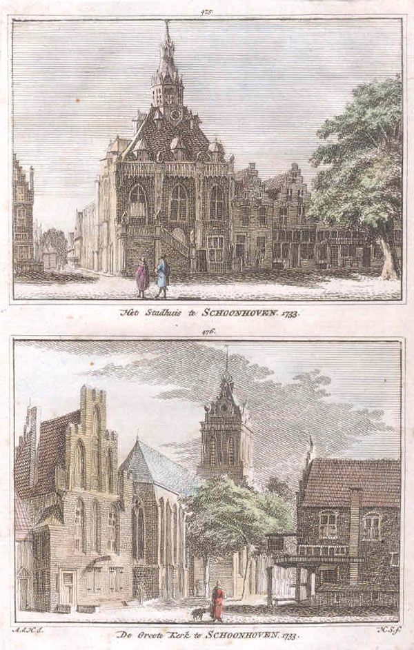 afbeelding van prent Het Stadhuis te schoonhoven 1733 en De Groote kerk te schoonhoven van H. Spilman (Schoonhoven)