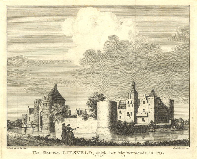 afbeelding van prent Het Slot van Liesveld, gelijk het zig vertoonde in 1733 van C. Pronk, J.C. Philips (1749) (Groot-Ammers)