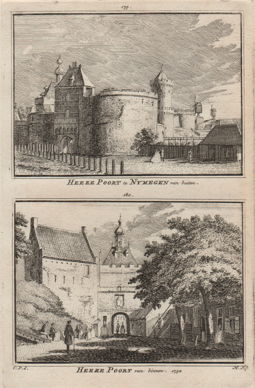 afbeelding van prent Heeze poort te Nymegen van buiten en Heeze poort van binnen 1732 van H. Spilman, C. Pronk (Nijmegen)