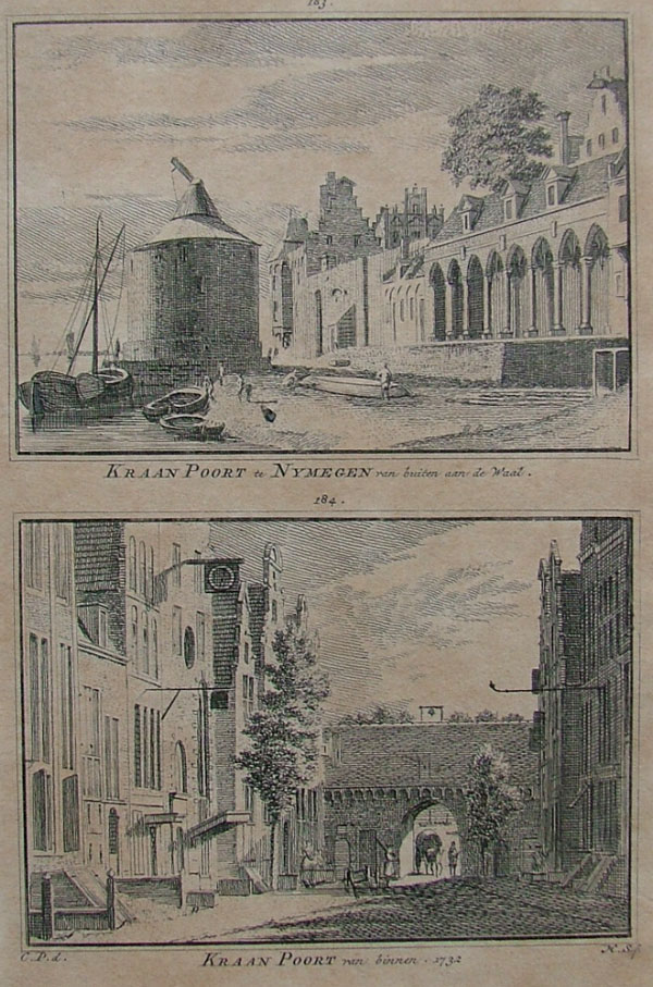 afbeelding van prent Kraan Poort te Nymegen van buiten aan de Waal en Kraan Poort van binnen 1732 van Spilman (Nijmegen)