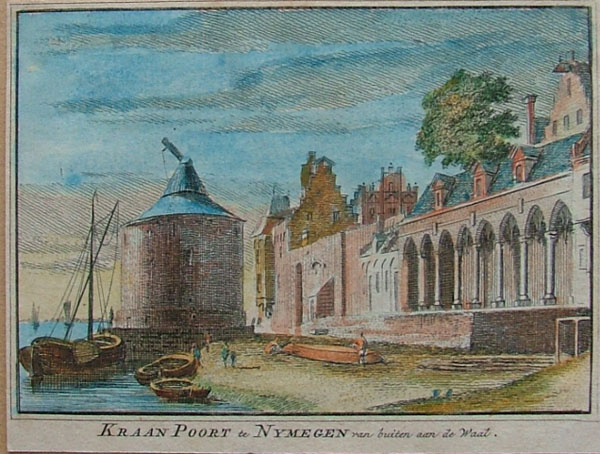 afbeelding van prent Kraan Poort te Nymegen van buiten aan de Waal  van Spilman (Nijmegen)