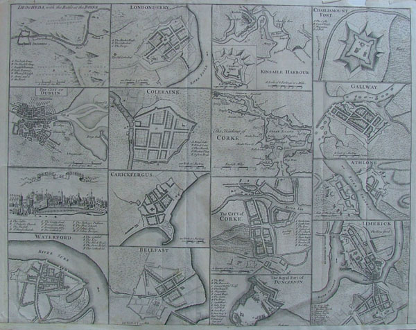 afbeelding van plattegrond Drogheda, with the battle at the Boyne and 15 others van nn (16 plans: Bellfast (Belfast), Dublin, Limerick, Corke, Gallw)