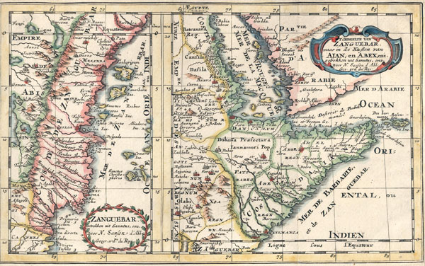 afbeelding van kaart t Gedeelte van Zanguebar waar in de Kusten van Ajan en Abex enz. Getrokken uit Sanutus van N. Sanson
