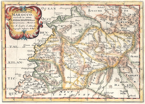 afbeelding van kaart t Koninkrijk van Marocco verdeelt in zeven Landschappen enz. getrokke uit Sanutus, Marmol enz. van N. Sanson d Abbeville