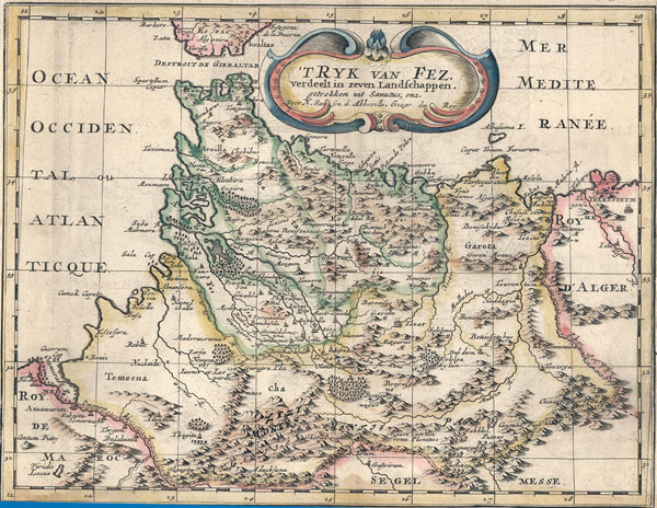 afbeelding van kaart T Ryk van Fez verdeelt in zeven Landschappen, getrokken uit Sanutus enz. van N. Sanson
