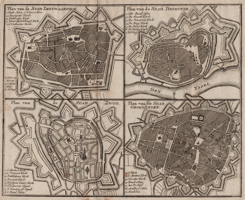 afbeelding van plattegrond Plan van de stad Leeuwaarden, Deventer, Groeningen en Zwol  van Hendrik de Leth (Leeuwarden)
