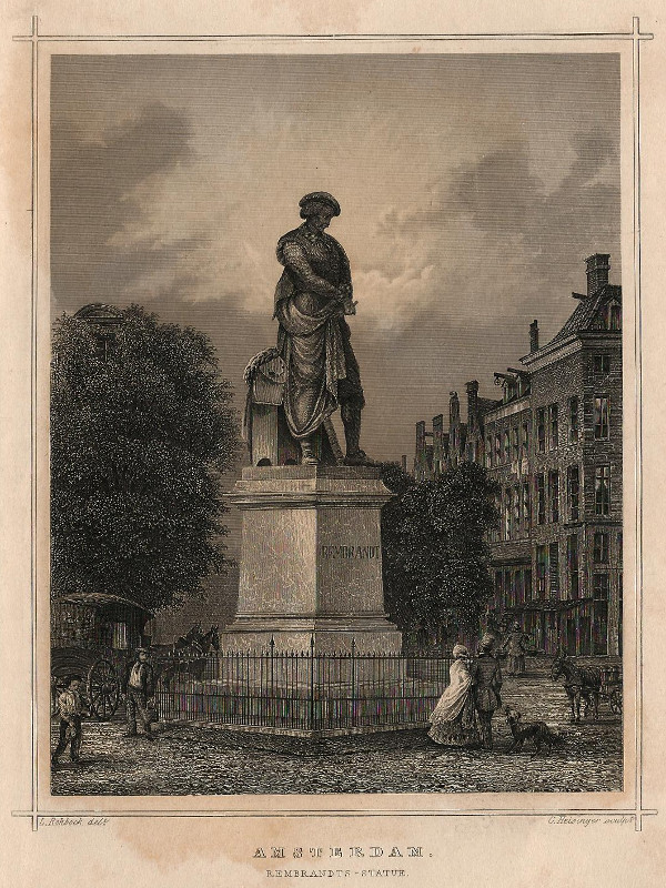 afbeelding van prent Amsterdam, Rembrandts-statue van L. Rohbock, G. Heisinger (Amsterdam)