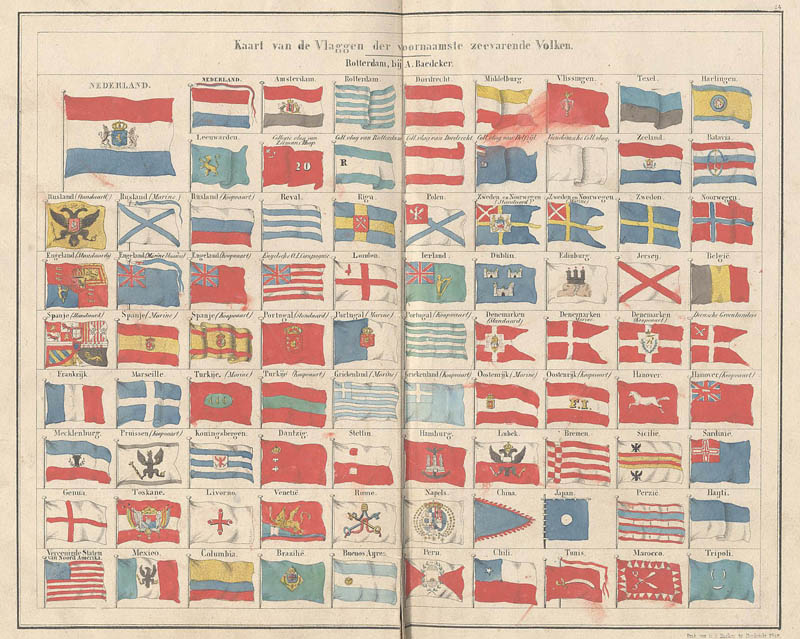 afbeelding van prent Kaart van de vlaggen der voornaamste zeevarende Volken. van A. Baedeker, Rotterdam