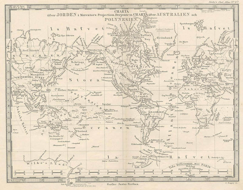 afbeelding van kaart Charta öfver Jorden i Mercators Projection. Derjemte ss. charta öfver Australien och Polynesien. van Stieler