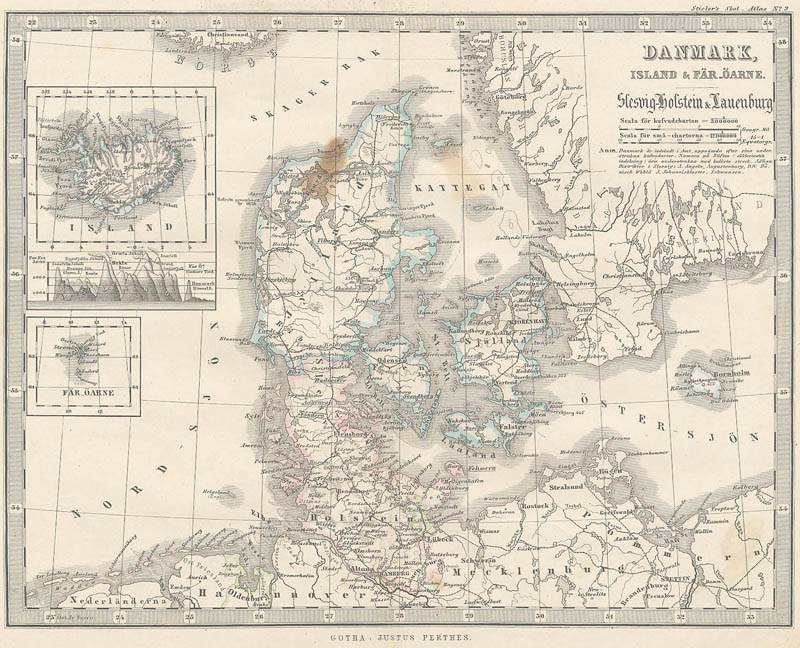 afbeelding van kaart Kaart  Danmark, Island & Fär-Öarne. van Stieler (Iceland)