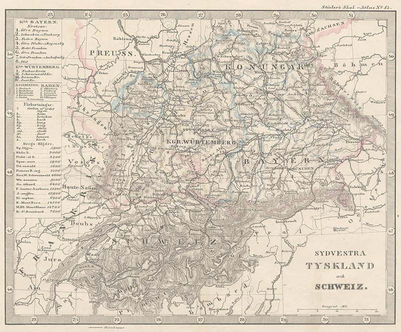 afbeelding van kaart Kaart  Sydvestra Tyskland och Schweiz. van Stieler