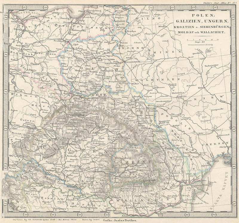 afbeelding van kaart Kaart   Polen, Galizien, Ungern, Kroatien, Siebenbürgen, Moldau och Wallachiet. van Stieler