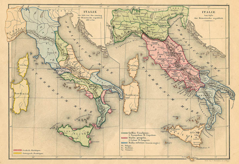 afbeelding van kaart Italië ten tijde der Romeinse Republiek; ten tijde van den aanvang der Romeinsche Republiek 509 v.C van De Erven Thierry en Mensing
