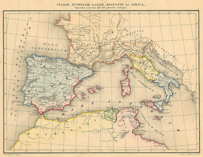 afbeelding van kaart Italië, Zuidelijk Gallië, Hispanië en Africa, bijzonder voor den tijd der Punische oorlogen van De Erven Thierry en Mensing