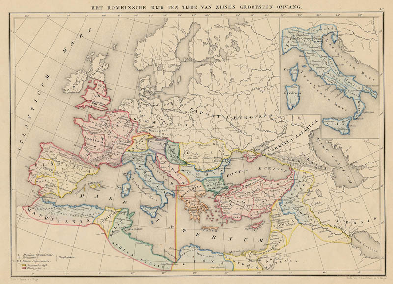 afbeelding van kaart Het Romeinsche Rijk ten tijde van zijnen grootsten omvang van De Erven Thierry en Mensing