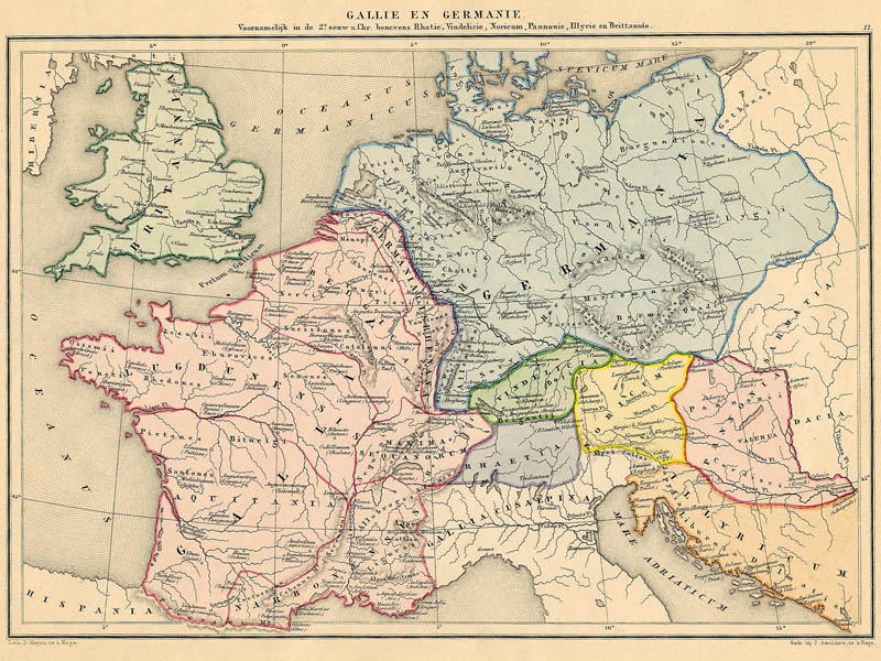 afbeelding van kaart Gallië en Germanië voornamelijk in de 2e eeuw n. Chr. van De Erven Thierry en Mensing