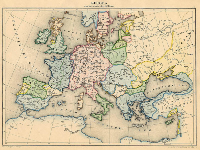 afbeelding van kaart Europa aan het einde der 12e Eeuw van De Erven Thierry en Mensing