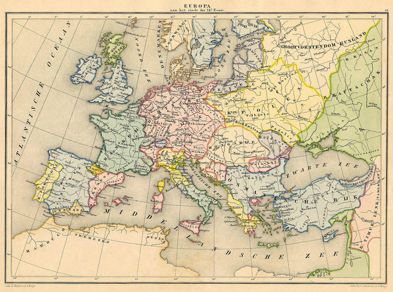 afbeelding van kaart Europa aan het einde der 14e Eeuw van De Erven Thierry en Mensing