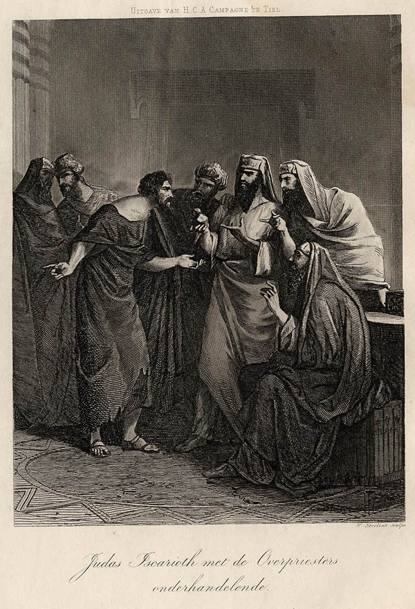 afbeelding van prent Judas Iscarioth met de Overpriesters onderhandelende van HCA Campagne, Tiel