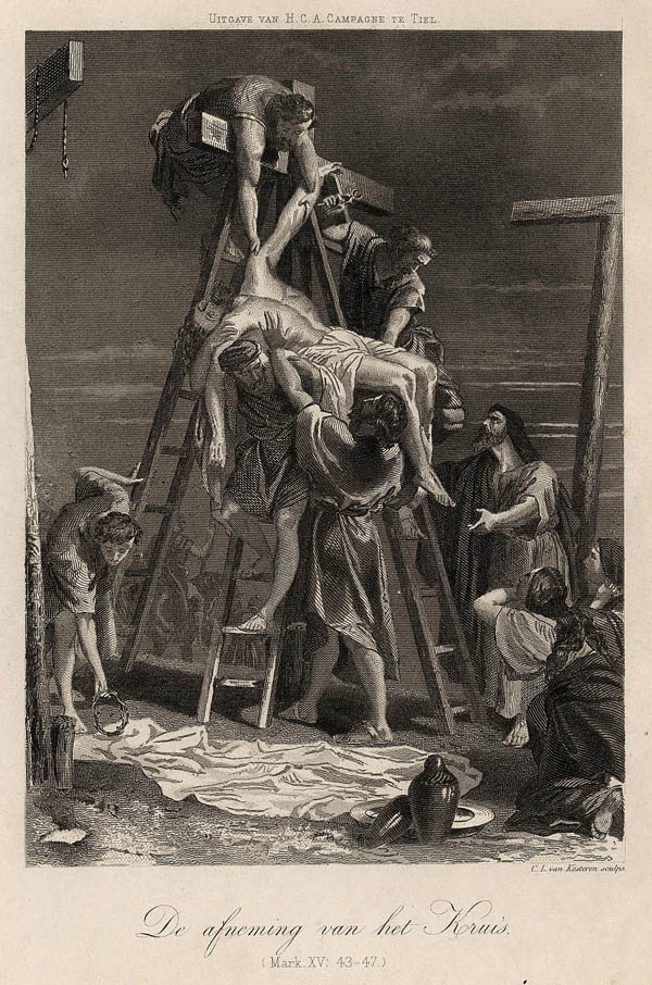 afbeelding van prent De afneming van het Kruis (Mark. XV:43-47) van HCA Campagne, Tiel