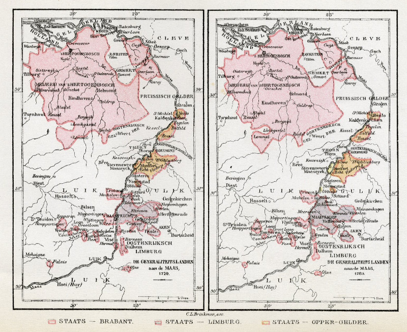 afbeelding van kaart De Generaliteitslanden aan de Maas in 1720 en na 1785 van C.L. Brinkman, Amsterdam