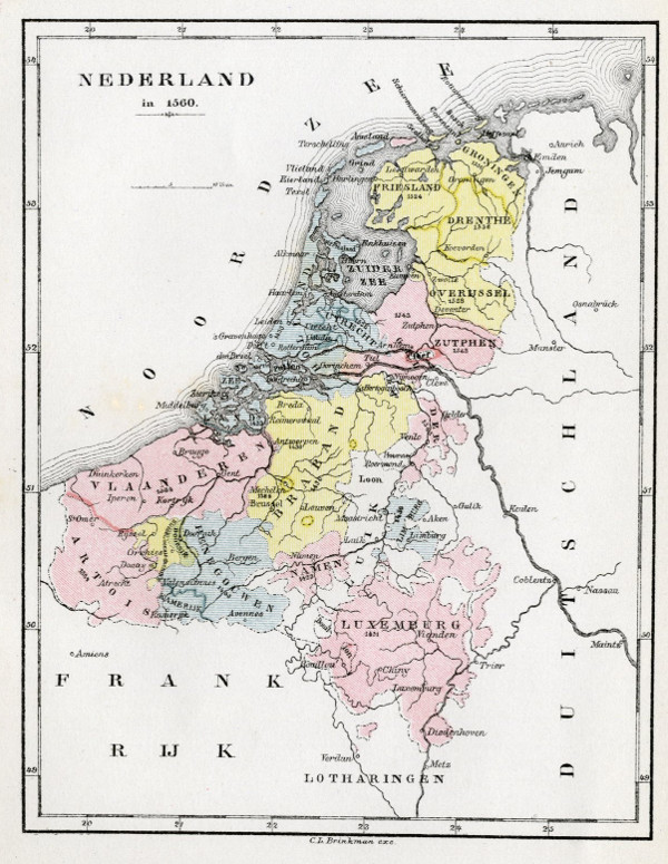 kraam Reciteren Intensief Nederland in 1560 , een antieke kaart van Nederland door C.L. Brinkman,  Amsterdam uit 1881