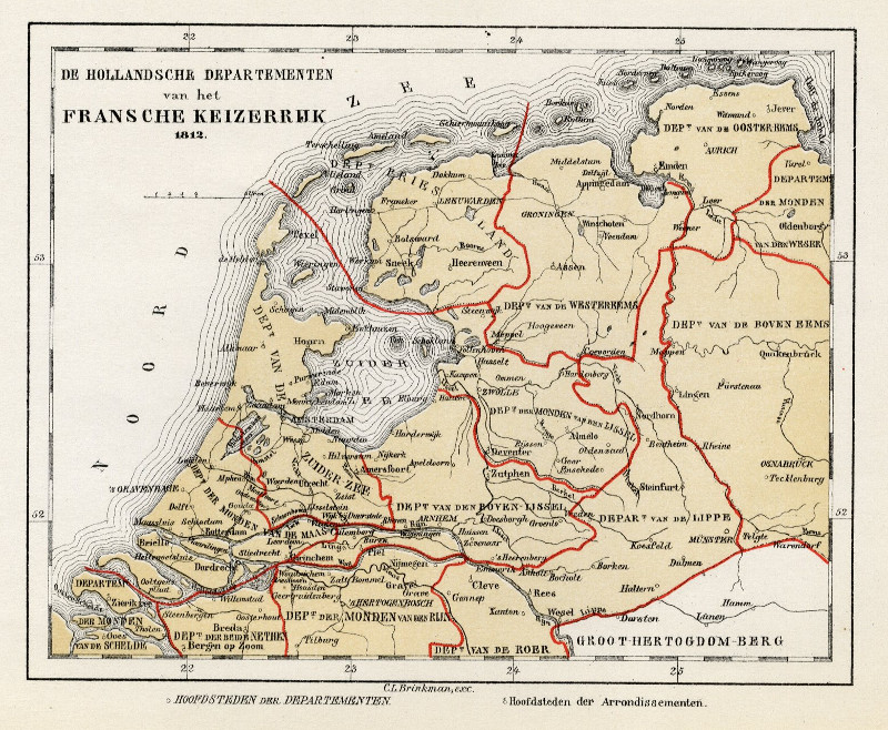afbeelding van kaart De Hollandsche Departementen van het Fransche Keizerrijk 1812. van C.L. Brinkman, Amsterdam