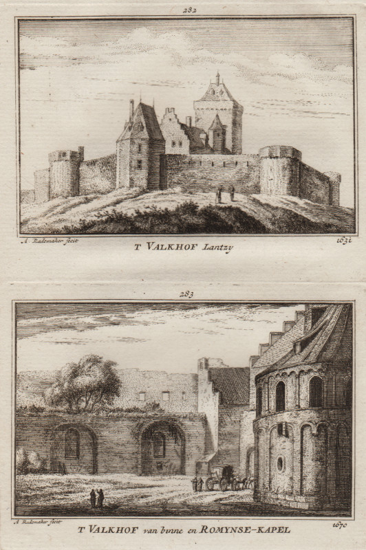 afbeelding van prent ´T Valkhof Lantzy en ´T Valkhof van binne en Romynse-Kapel van Abraham Rademaker (Nijmegen)