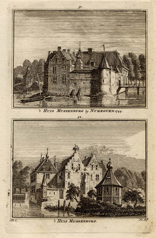 afbeelding van prent ´T Huis Mussenburg by Nymeguen. 1744. en ´t Huis Mussenburg. van H. Spilman naar J. de Beyer (Nijmegen)