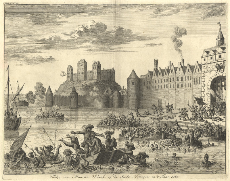 afbeelding van prent Toeleg van Maarten Schenk op de Stadt Nymegen in ´t Jaar 1589 van Luyken, Jan (Nijmegen)