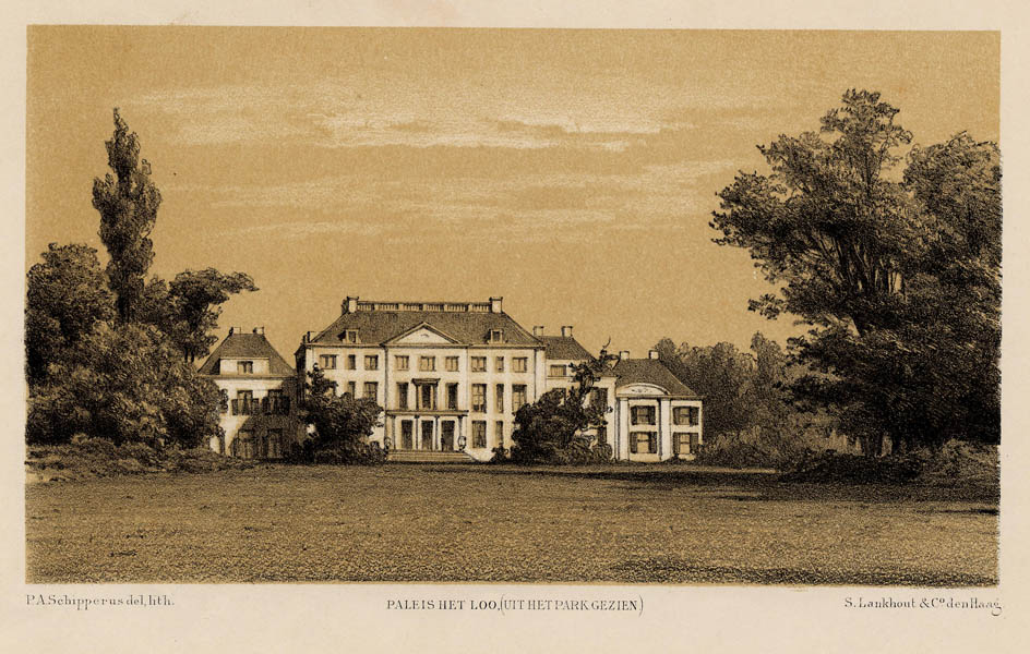 afbeelding van prent Paleis het Loo, (uit het park gezien)  van P.A. Schipperus (Apeldoorn)