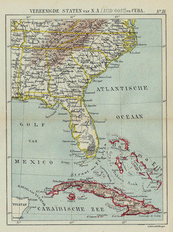 afbeelding van kaart Vereenigde Staten van N.A. (Zuid-Oost) en Cuba. van Jacob Kuyper (Kuijper)