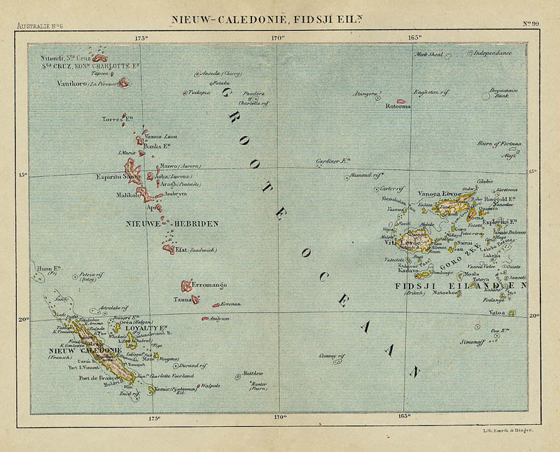 afbeelding van kaart Nieuw-Caledonië, Fidsji Eilanden van Jacob Kuyper (Kuijper)
