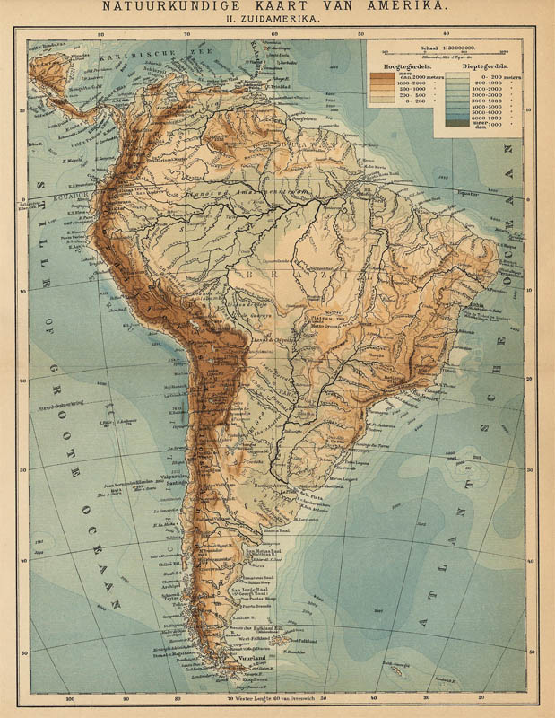 afbeelding van kaart Natuurkundige kaart van Amerika II Zuidamerika van Winkler Prins