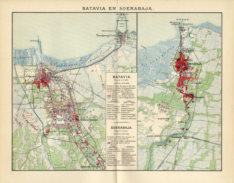 afbeelding van plattegrond Batavia en Soerabaja van Winkler Prins (Batavia, Soerabaja, Jakarta, Surabaya)