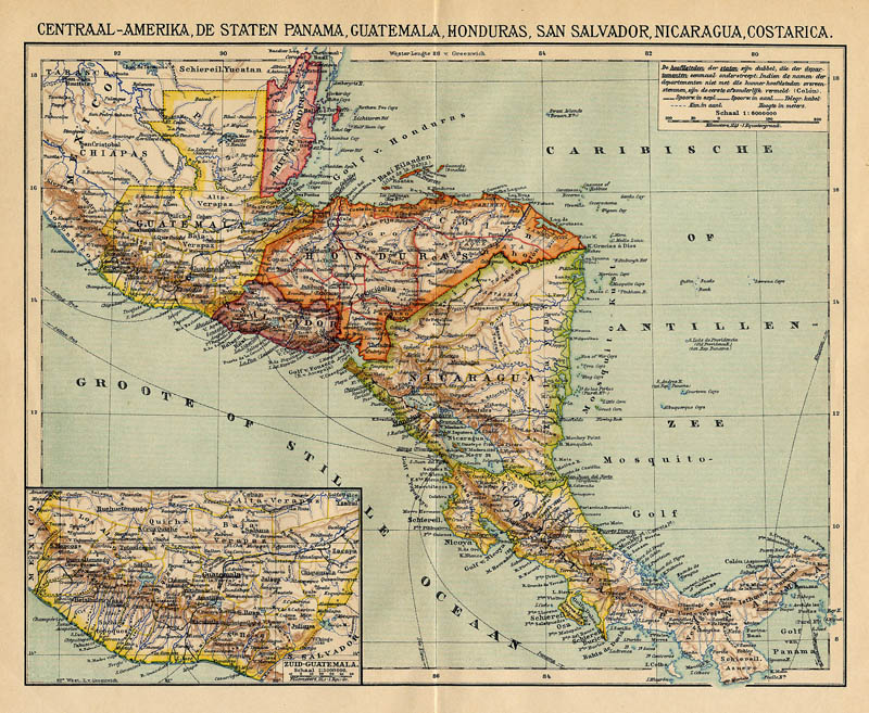 afbeelding van kaart Centraal-Amerika, De staten Panama, Guatemala, Honduras, San Salvador, Nicuragua, Costarica van Winkler Prins