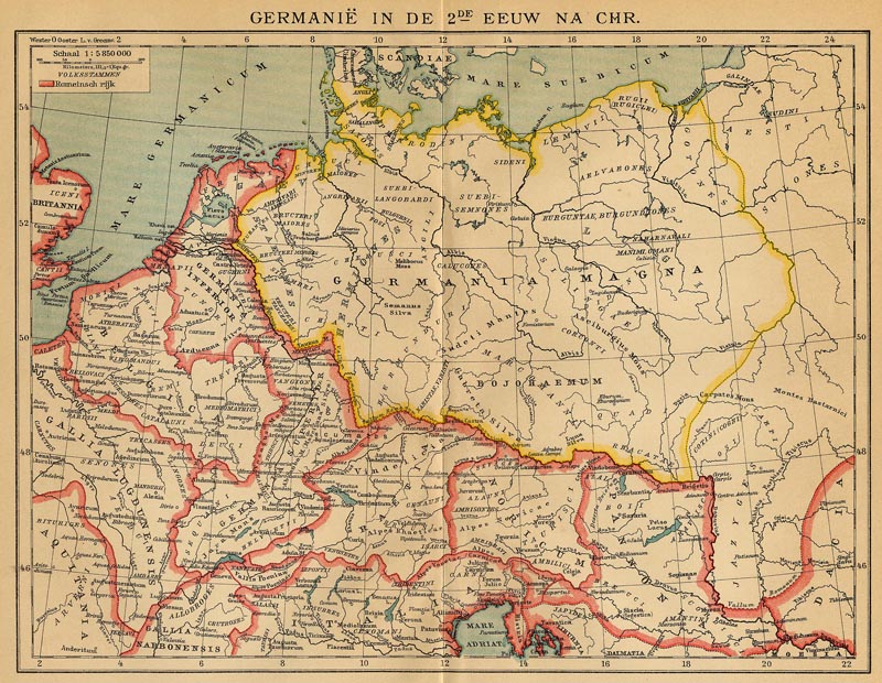 afbeelding van kaart Germanië in de 2e eeuw na Chr. van Winkler Prins